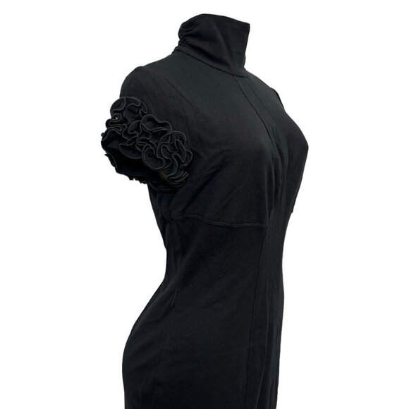 VTG Y2K Cache Contour Fitted Dress Ruffle Short Sleeve Turtleneck Knee Length 12 - Picture 4 of 16